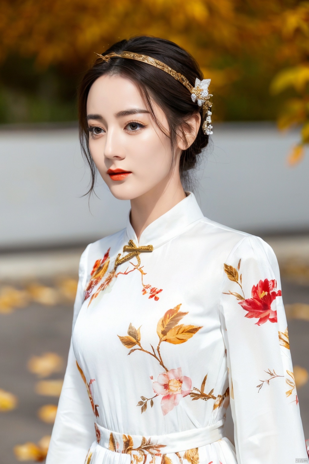 1 girl, wearing a white dress with floral patterns printed on it, featuring gold and white themes for a sense of coordination, order, half body, close-up, upper body, outdoor, front, best image, fallen leaves, branches, autumn leaves, Chinese clothing, ancient style, Chinese long skirt, long sleeves, double layered light gauze skirt, brown eyes, black hair, ultra-high definition, super-resolution, high-resolution,