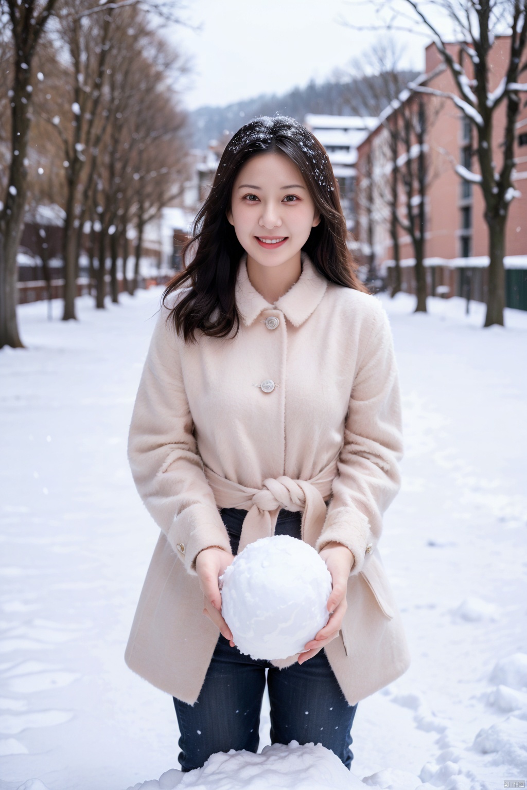  (Masterpiece),(Ultra High Resolution), joyfully playing snowball fight in heavy snow. faces are filled with happy smiles, and snowflakes are falling on their hair and collars. The surrounding is a vast expanse of white snow, only their footprints disturbing the purity. Snowflakes in the sky fall like cotton candy, adding a touch of sweetness to this winter scene. This is a vibrant and joyful winter afternoon, Fashion Style,jellyfishforest, takei film, 1girl, tianxiu