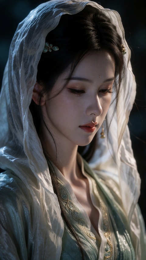 (masterpiece, best quality, ultra-detailed:1.2), (analog film photography, photorealistic, raw film scan:1.3), (chiaroscuro lighting, low key lighting:1.3), 1girl, young Chinese woman, pale East Asian skin, (long black hair falling over left shoulder:1.2), (jade hairpin in hair:1.1), (white silk pibo shawl covering head:1.3), crinkled textured silk fabric, shawl edge soft and flowing, fabric draping down over right shoulder, sheer fabric catching light, (eyes closed:1.2), head slightly tilted down, faint beauty mark, natural bare skin, minimal makeup, calm serene expression, lips slightly parted, (warm light from below and right:1.3), light illuminating neck, collarbone and underside of chin, deep shadows on upper face and left side, subtle golden rim light on shawl edge, (dark moody background:1.2), deep blue-black, (shot on Pentax 67, 105mm f/2.4 lens:1.2), (Kodak Portra 800 film:1.3), pushed one stop, heavy film grain, warm orange-brown color grade, crushed blacks, soft highlight roll-off on skin, natural skin texture, visible pores, fine hairs on face, (close-up head and shoulders:1.1), vertical composition, fine art portrait photography, sacred and meditative atmosphere, Chinese Taoist nun / ancient goddess mood