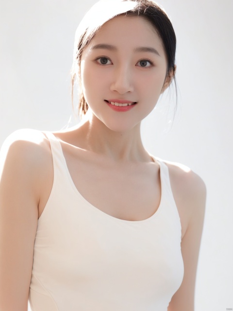 Fine art photography of a beautiful Japanese woman , youth smile, black tank top, front view, low angle, high key, white hue, solid white background, minimalist, simple, muted color, cinematic, coarse film grain --ar 2:3 --style raw --stylize 250 --niji 6