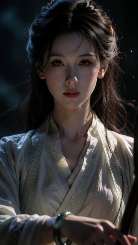 (masterpiece, best quality, ultra-detailed:1.2), (analog film photography, photorealistic, raw film scan:1.3), (split lighting, extreme chiaroscuro:1.3), 1girl, young Chinese woman, pale East Asian skin, (long straight black hair falling over right shoulder:1.2), several loose strands crossing face, (dark brown eyes:1.1), faint beauty mark, natural bare skin, minimal makeup, closed lips, serious intense expression, looking directly at viewer, (wearing off-white linen hanfu with one-shoulder drape:1.2), wrinkled textured fabric, fabric folds across chest, (white silk pibo shawl draped over shoulder:1.2), (jade bracelet on right wrist:1.1), (dark moody background:1.2), deep blue-black, subtle haze, (hard warm light from right side:1.3), extreme split lighting, right side of face brightly lit, left side in complete shadow, sharp shadow line down center of nose and face, hair strands casting fine shadows on skin, (shot on Pentax 67, 105mm f/2.4 lens:1.2), (Kodak Portra 800 film:1.3), pushed one stop, heavy film grain, warm orange-brown color grade, deep crushed blacks, subtle blue tint in shadows, natural skin texture, visible pores, (close-up bust shot from chest up:1.1), vertical composition, fine art portrait photography, classical Chinese ink painting atmosphere, intense and mysterious mood