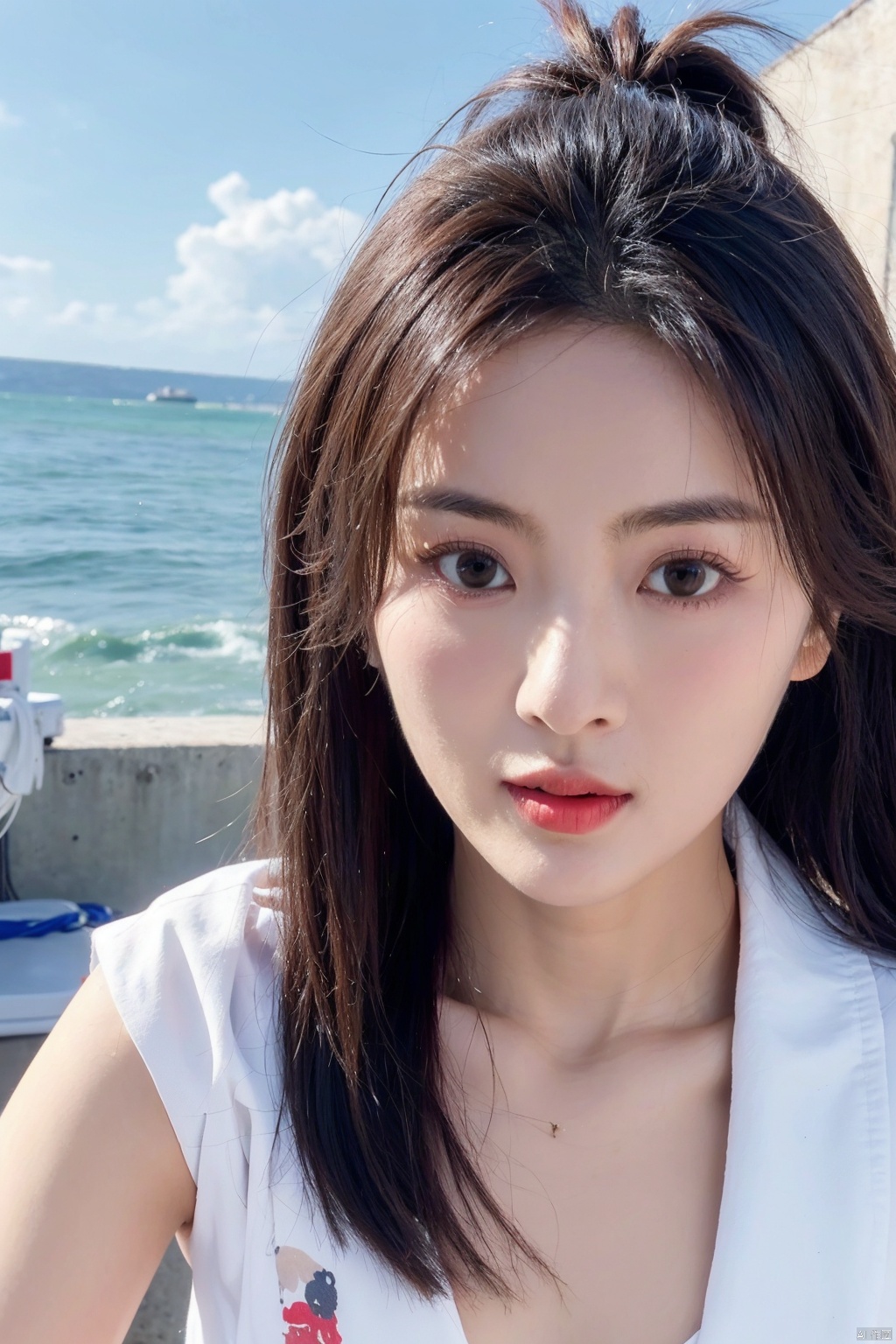  1girl,selfie, sea, wind, messy hair, sunshine, beach, (aesthetics and atmosphere:1.2), xiaolu, zhoudongyu,qiangshen,梨涡彤彤, zuo, liuyife, chaoyue