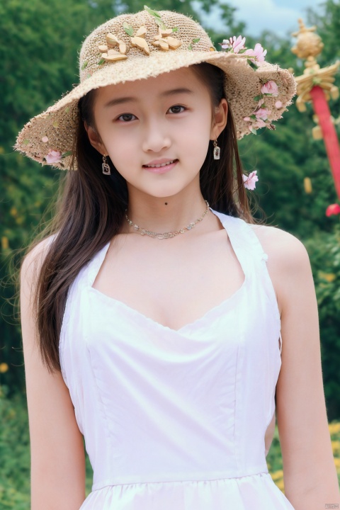  masterpiece, 1 girl, 18 years old, Look at me, long_hair, straw_hat, Wreath, petals, Big breasts, Light blue sky, Clouds, hat_flower, jewelry, Stand, outdoors, Garden, falling_petals, White dress, textured skin, super detail, best quality, ajkds, (\xing he\), kongque, JMLong, pink fantasy, chinese, Trainee Nurse, tongtong