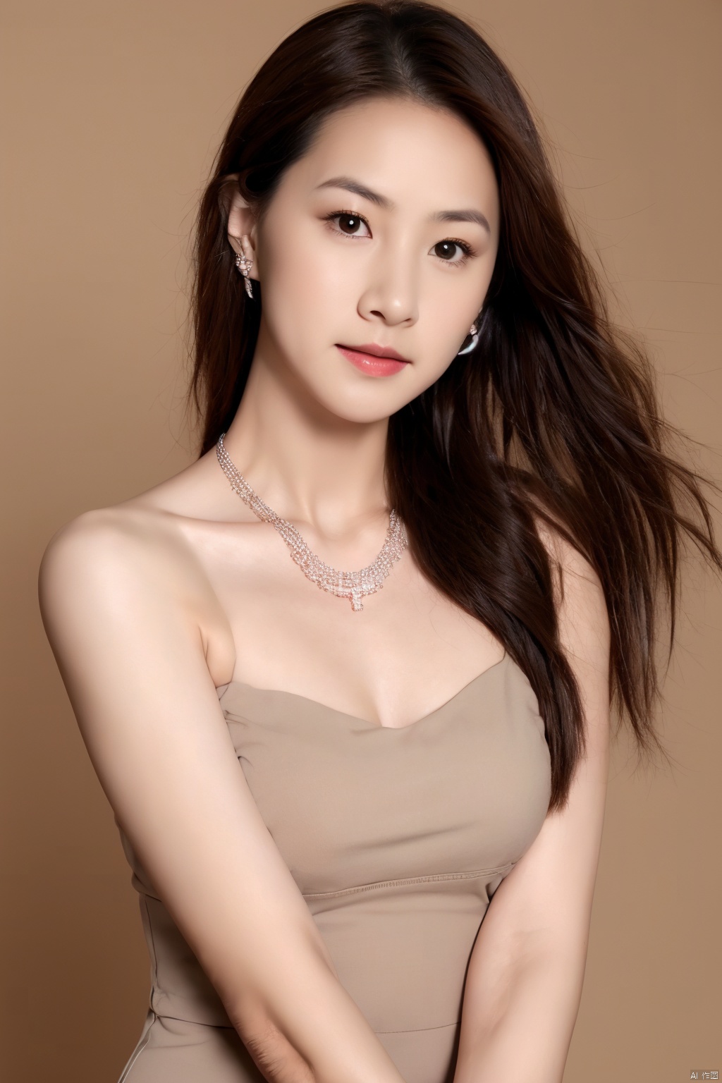 1girl, solo, long hair, breasts, looking at viewer, simple background, brown hair, cleavage, bare shoulders, brown eyes, jewelry, medium breasts, closed mouth, collarbone, upper body, earrings, grey background, necklace, lips, realistic, nose