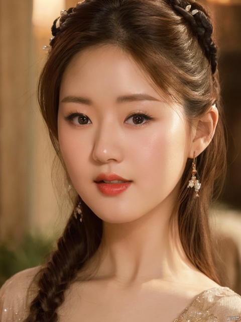  an asian woman posing wearing a traditional dress, in the style of eye catching resin jewelry, 32k uhd, light silver and light gold, romantic and nostalgic themes, exaggerated facial features, dark beige and white, exquisite, zhaolusi