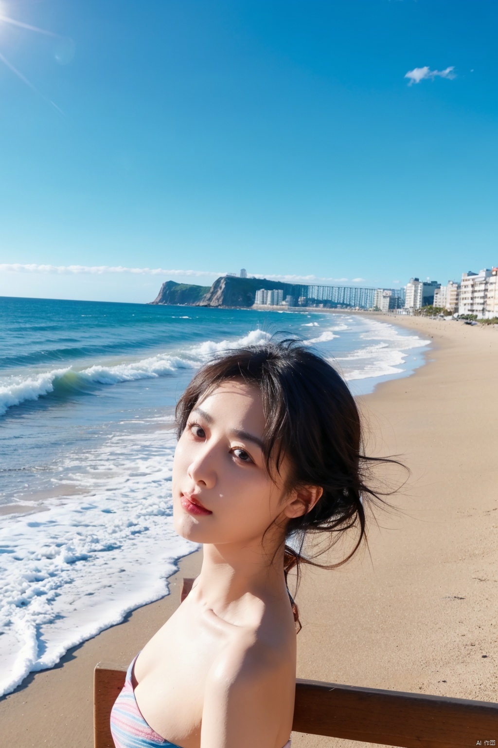  1girl,selfie, sea, wind, messy hair, sunshine, beach, (aesthetics and atmosphere:1.2),