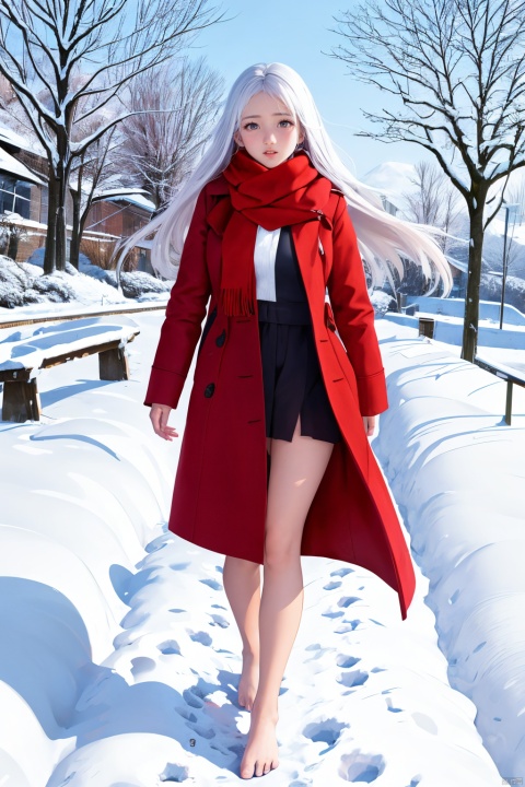  In the snow, a girl walking alone in the snow, wearing a red coat, long hair fluttering, white hair, red scarf, bare legs, bare feet, holding her body tightly, big eyes, her lips pressed together, she was about to cry, her long white hair fluttering in the wind, her delicate and beautiful face suppressed, step by step, the footprints behind her, the heavy snow, the biting wind blowing her scarf, in the distance is the continuous snow mountain, in this evening, helplessly forward, West Green, fashion,1girl, 1girl, SaayaIrie