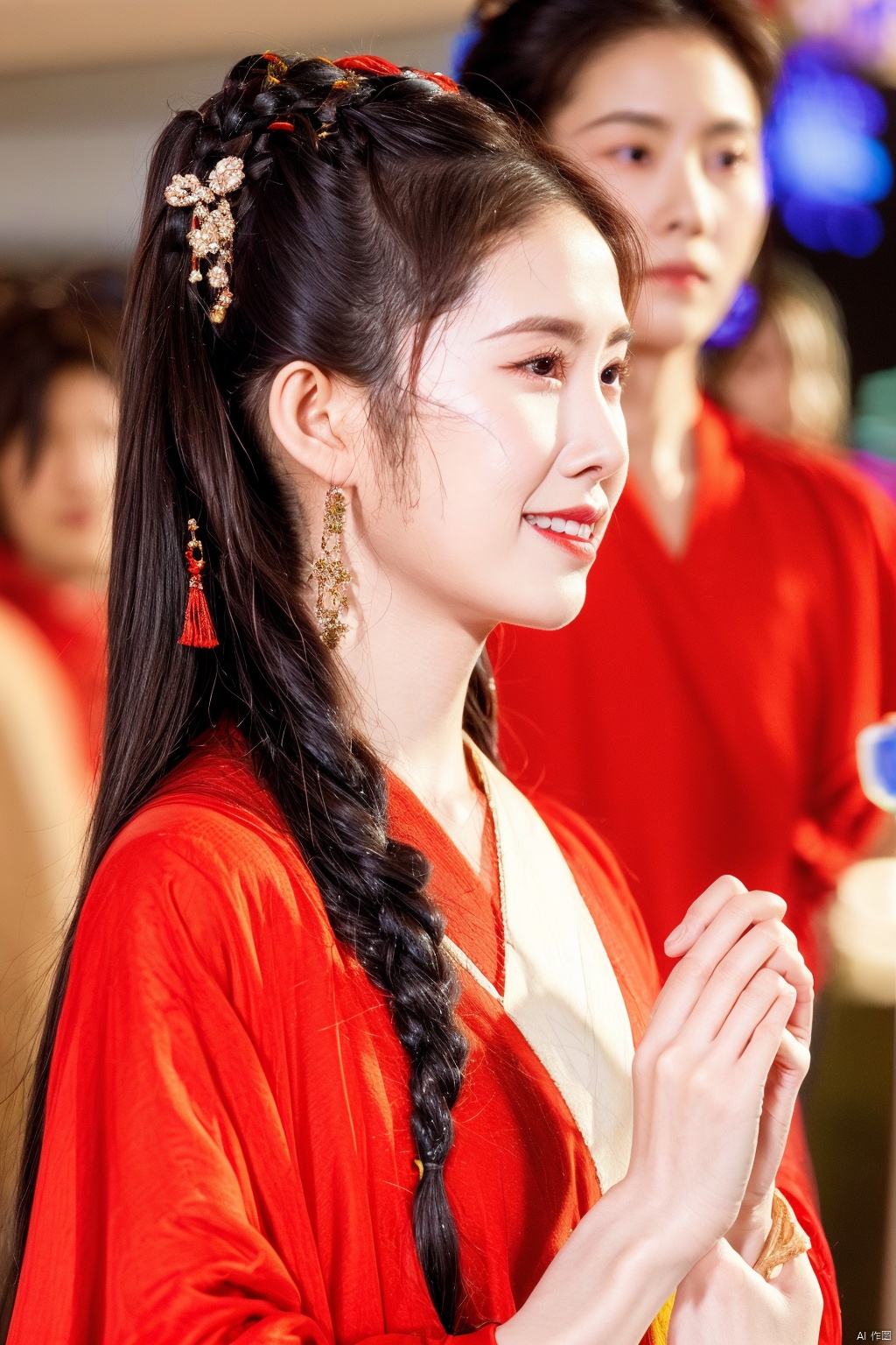 1girl, mask, jewelry, middle breasts, earrings, black hair, braid, blurry, blurry background, hair ornament, long sleeves, solo focus, realistic, long hair, chinese clothes, dress, upper body, red dress, red lips, black eyes, hanfu, QIEMANCN