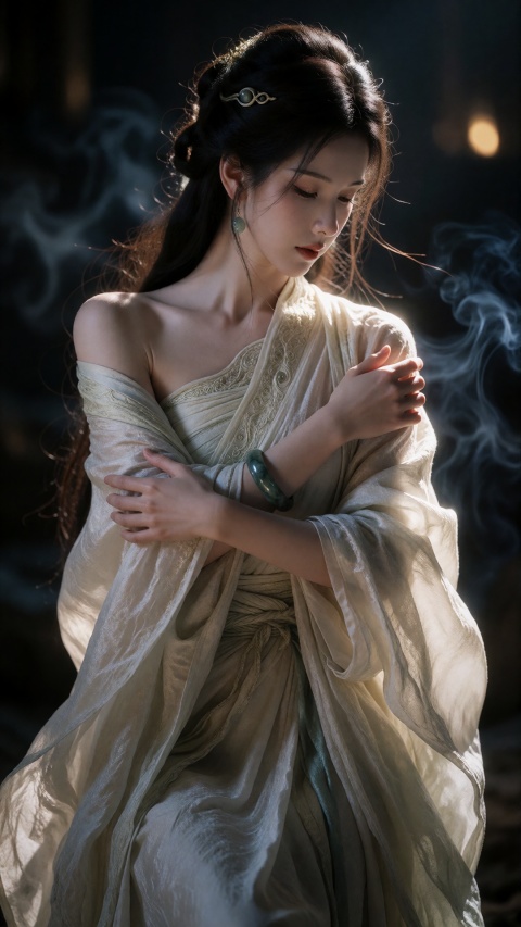 (masterpiece, best quality, ultra-detailed:1.2), (analog film photography, photorealistic, raw film scan:1.3), (chiaroscuro lighting, low key:1.3), 1girl, young Chinese woman, pale East Asian skin, (long black hair styled in side-swept braid/twist over left shoulder:1.2), hair gathered over shoulder, jade hairpin, (eyes closed:1.1), head slightly tilted down and to side, calm serene expression, natural bare skin, minimal makeup, (wearing off-white linen hanfu with one-shoulder drape:1.3), single shoulder strap on left, wrinkled textured linen fabric, fabric wrapped and draped across body, layered fabric at waist, flowing skirt to floor, (white silk pibo shawl draped over shoulders:1.2), (jade bracelet on right wrist:1.1), (arms crossed over chest:1.3), right hand holding left arm, left hand gripping hanfu fabric / pibo at shoulder, self-comforting pose, (dark moody background with smoke/haze:1.2), deep blue-black, subtle warm bokeh glow in upper right, atmospheric haze, (warm side light from right:1.3), hard light illuminating left side of body and face, deep shadows on right, fabric glowing where light hits, hair catching rim light, (shot on Pentax 67, 105mm f/2.4 lens:1.2), (Kodak Portra 800 film:1.3), pushed one stop, heavy film grain, warm orange-brown color grade, crushed blacks, natural skin texture, visible pores, (full body standing shot:1.1), vertical composition, fine art portrait photography, serene Chinese beauty atmosphere, classical sculpture / ancient Chinese heroine mood

