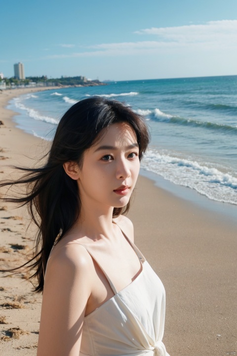  1girl,selfie, sea, wind, messy hair, sunshine, beach, (aesthetics and atmosphere:1.2),