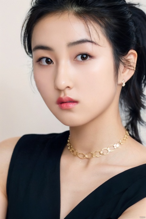  1girl, solo, black hair, dress, brown eyes, jewelry, upper body, ponytail, necklace, lips, parody, realistic,( chiaroscuro,Fujicolor, UHD, super detail ,raw,85mm,f/1.2,FujifilmXT4,), yiyi, jiejing