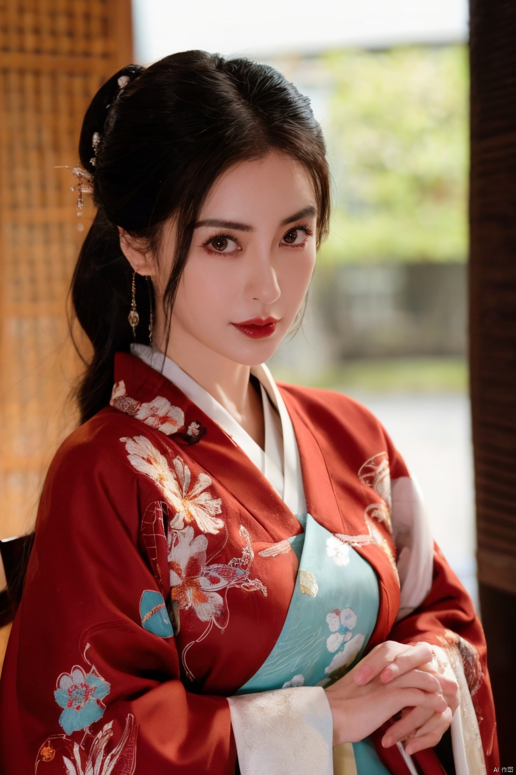 blurry, depth_of_field, 1girl, blurry_background, blurry_foreground, solo, red_lips, red_kimono, japanese_clothes, upper_body, kimono, floral_print, looking_at_viewer, flower