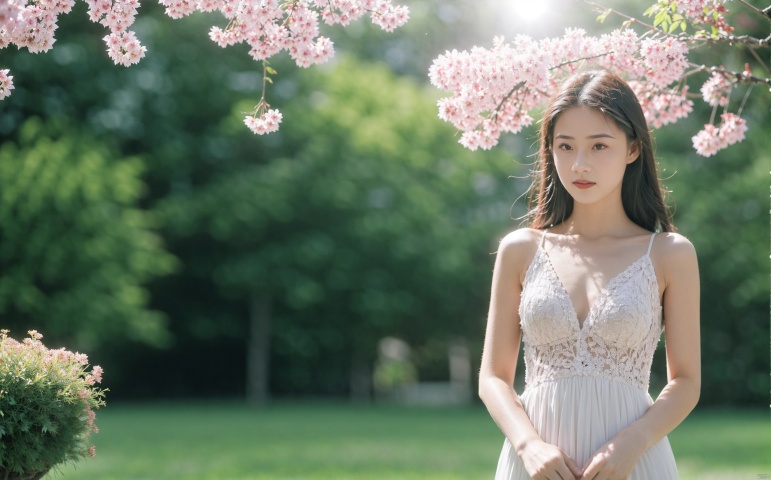  masterpiece, best quality, ultra high res, sexy beauty, slim figure, middle breasts, wearing lace maxi dress；A young girl with a slim figure and a large chest is wearing a long lace dress. She is standing in a field of flowers, with the sun shining on her face. The wind is blowing through her hair, and the flowers are swaying in the breeze. She is looking over her shoulder at the camera, with a seductive expression on her face. The field is filled with a variety of colorful flowers, and the air is filled with the scent of jasmine. The atmosphere is romantic and sensual. The camera is focused on the girl's body, with a shallow depth of field, chenchen, SaayaIrie, jiaxin