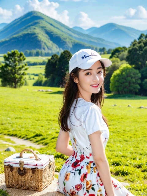 chahua,picnic,1girls,outdoors,hat,black hair,food,tree,open mouth,grass,shirt,sky,smile,opend eyes,white headwear,flower,cloud,sitting,long hair,holding,blush,blurry foreground,spoon,blurry,mountainous horizon,blue sky,plaid shirt,day,fruit,petals,mountain,picnic basket,hair ornament,feeding,white shirt,bird, Muscle and ass and selfie, dress