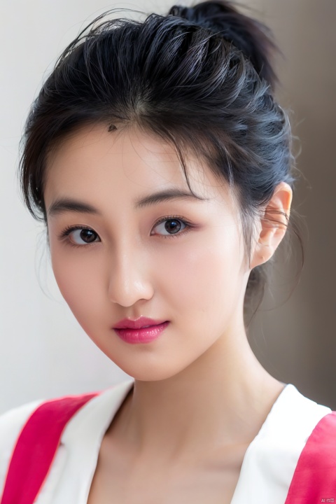  (close up portrait of a woman of east asian descent),happy and smile expression, Cleavage, low cut shirt,looking at camera, slight stubble, dark hair with undercut hairstyle, clean skin, brown eyes, wearing dark shirt, soft lighting, gray background, shallow depth of field, high-resolution image, studio shot, headshot, photographic realism., masterpiece, best quality, aunt, 1girl, girl