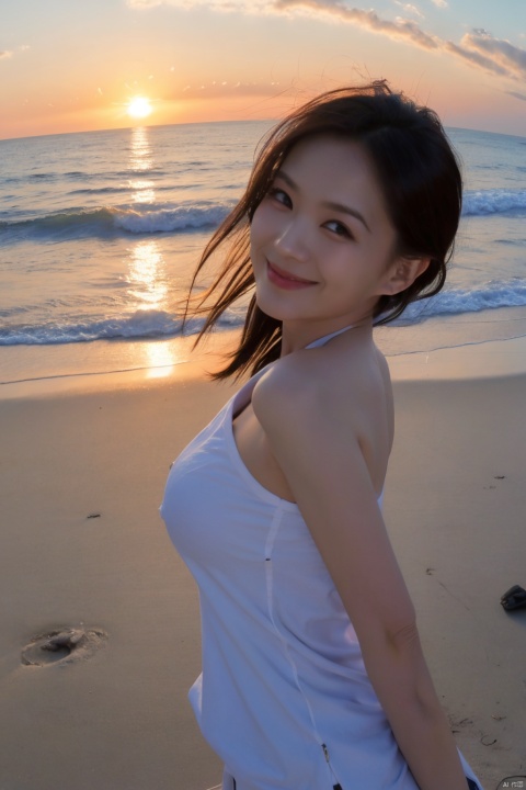  1girl, fisheye, selfie, sea, wind, messy hair, sunset, beach, (aesthetics and atmosphere:1.2), black tank top, medium_breasts, light smile