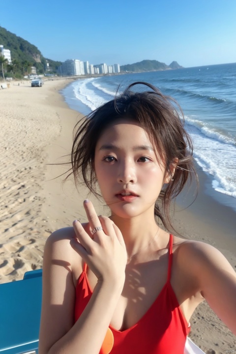  1girl,selfie, sea, wind, messy hair, sunshine, beach, (aesthetics and atmosphere:1.2),