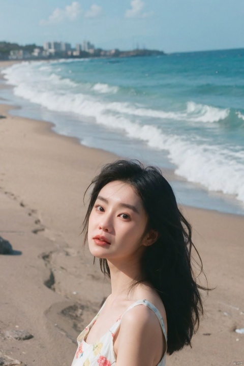  1girl,selfie, sea, wind, messy hair, sunshine, beach, (aesthetics and atmosphere:1.2),