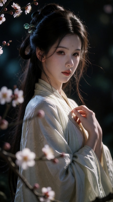 (masterpiece, best quality, ultra-detailed:1.2), (analog film photography, photorealistic, raw film scan:1.3), (chiaroscuro lighting, side lighting:1.3), 1girl, young Chinese woman, pale East Asian skin, (long black hair:1.2), hair pulled back loosely with jade hairpin, few strands framing face, (dark brown eyes:1.1), faint beauty mark, natural bare skin, minimal makeup, calm melancholic expression, (looking back over shoulder at viewer:1.2), (wearing off-white linen hanfu:1.3), wrinkled textured linen fabric, loose oversized fit, (white silk pibo shawl draped over shoulders:1.2), (right hand pulling hanfu fabric / pibo up to chest:1.2), fingers gripping fabric, fabric gathered at shoulder, (foreground plum blossom branches out of focus:1.3), white and pink plum blossoms, soft bokeh, flower branches framing left and bottom of frame, (dark moody background:1.2), deep black, subtle blue haze on left, (warm side light from left:1.3), light illuminating right side of face and shoulder, fabric glowing where light hits, deep shadows on left, (shot on Pentax 67, 105mm f/2.4 lens:1.2), (Kodak Portra 800 film:1.3), pushed one stop, heavy film grain, warm orange-brown color grade, crushed blacks, natural skin texture, visible pores, shallow depth of field, foreground flower bokeh, (medium shot from waist up:1.1), vertical composition, fine art portrait photography, classical Chinese painting atmosphere, soft and melancholic mood, plum blossom beauty aesthetic