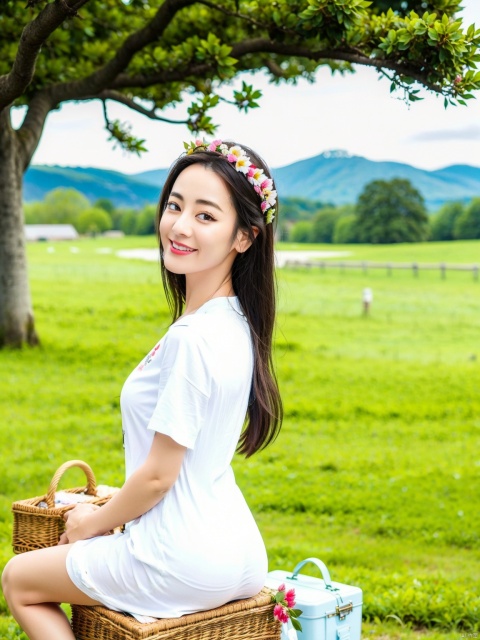  chahua,picnic,1girls,outdoors,hat,black hair,food,tree,open mouth,grass,shirt,sky,smile,opend eyes,white headwear,flower,cloud,sitting,long hair,holding,blush,blurry foreground,spoon,blurry,mountainous horizon,blue sky,plaid shirt,day,fruit,petals,mountain,picnic basket,hair ornament,feeding,white shirt,bird, Muscle and ass and selfie, dress