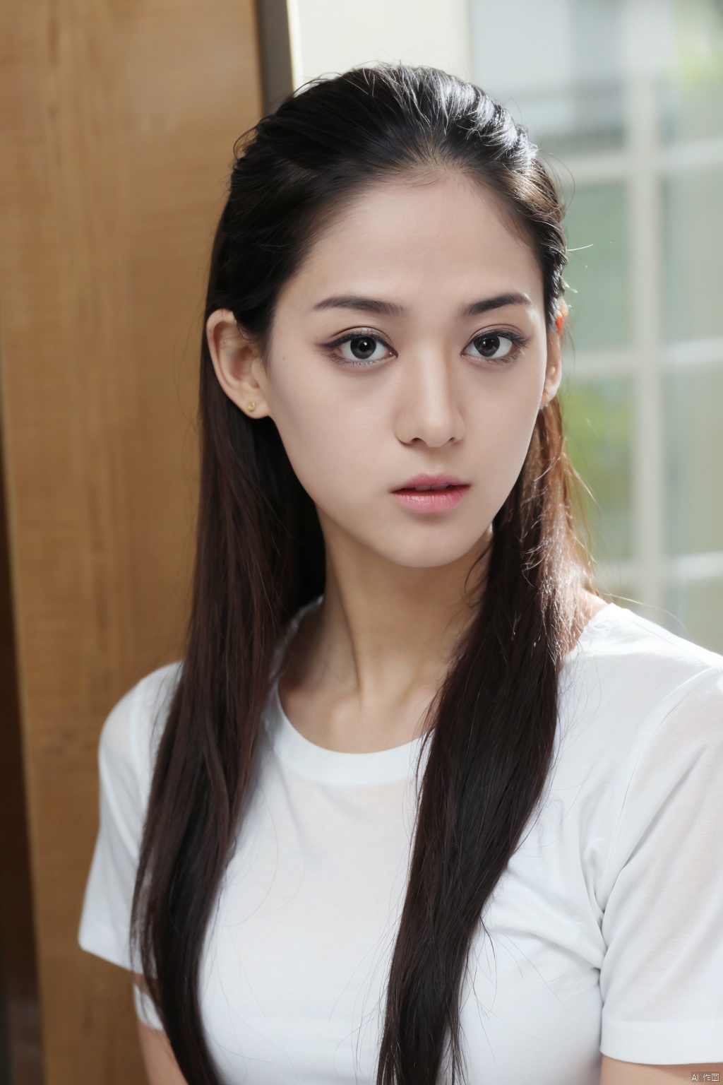  1girl, solo, long hair, looking at viewer, shirt, black hair, closed mouth, white shirt, upper body, indoors, black eyes, lips, window, watermark, realistic, nose