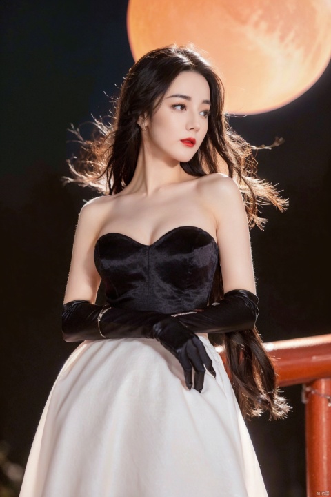 1girl, gloves, solo, breasts, black hair, moon, cleavage, dress, long hair, cherry blossoms, full moon, looking at viewer, black gloves, white dress, realistic, medium breasts, lips, night, brown eyes, cowboy shot