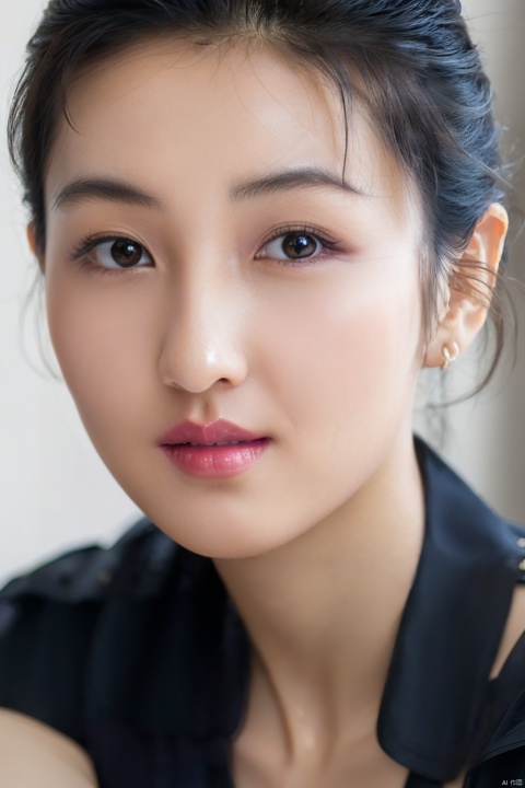  (close up portrait of a woman of east asian descent),happy and smile expression, Cleavage, low cut shirt,looking at camera, slight stubble, dark hair with undercut hairstyle, clean skin, brown eyes, wearing dark shirt, soft lighting, gray background, shallow depth of field, high-resolution image, studio shot, headshot, photographic realism., masterpiece, best quality, aunt, 1girl, girl