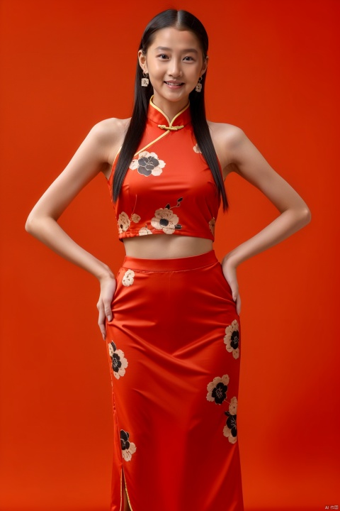  1girl, solo, smile, skirt, simple background, black hair, jewelry, earrings, chinese clothes, red background, hands on hips, realistic, yanba, quanzhen, tongtong