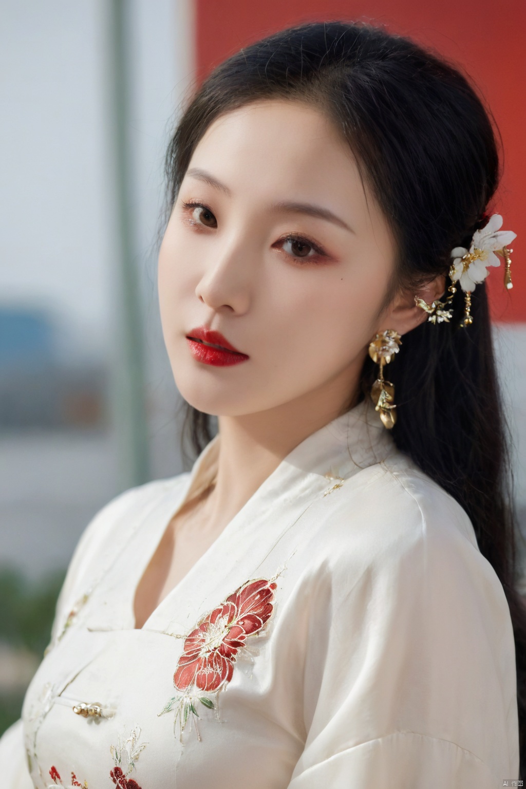 1girl, solo, looking at viewer, black hair, hair ornament, long sleeves, brown eyes, jewelry, upper body, flower, earrings, hair flower, wide sleeves, lips, chinese clothes, realistic, red lips, korean clothes,Cyberpunk