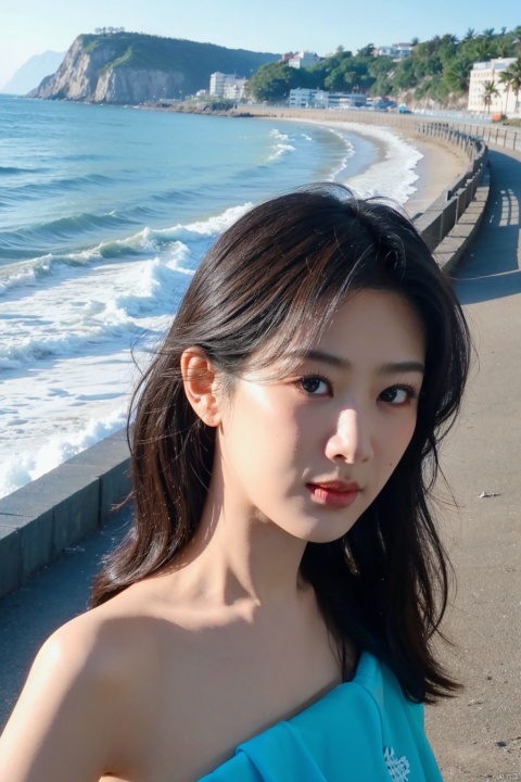  1girl,selfie, sea, wind, messy hair, sunshine, beach, (aesthetics and atmosphere:1.2),
