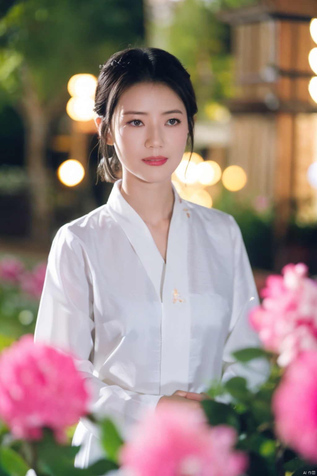 blurry, blurry_foreground, depth_of_field, blurry_background, motion_blur, hair_over_one_eye, shirt, photo_\(medium\), 1girl, white_shirt, solo, flower, bokeh, short_hair, black_hair, hanfu