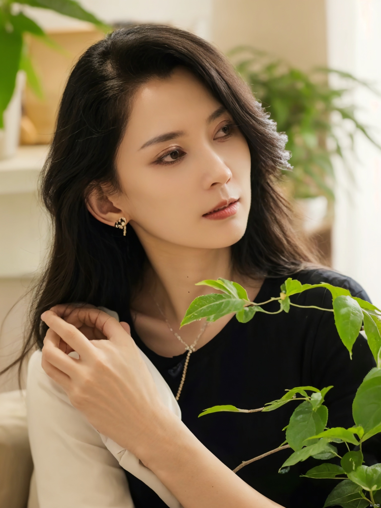 1girl, solo, long hair, black hair, jewelry, upper body, earrings, indoors, necklace, black eyes, lips, looking to the side, black shirt, looking away, phone, plant, realistic