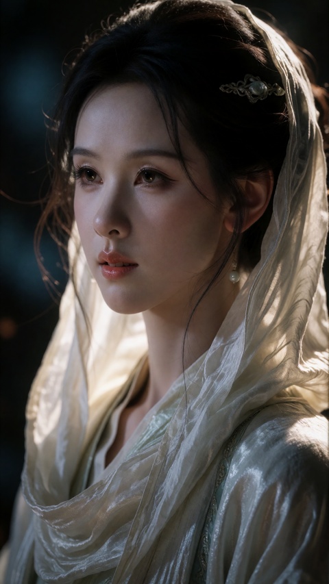 (masterpiece, best quality, ultra-detailed:1.2), (analog film photography, photorealistic, raw film scan:1.3), (chiaroscuro lighting, side lighting:1.3), 1girl, young Chinese woman, pale East Asian skin, (long black hair, top portion visible above pibo shawl:1.2), hair parted in middle, loose strands on forehead, jade hairpin, (white silk pibo shawl draped around head and neck:1.3), crinkled textured silk, shawl framing right side of face, fabric draping down to chest, sheer fabric catching light, (dark brown eyes:1.1), (looking off-camera to the left:1.2), gaze directed away from viewer, faint beauty mark, natural bare skin, minimal makeup, (slightly parted lips:1.2), melancholic calm expression, (warm hard side light from left:1.3), right side of face brightly lit, nose and cheek highlighted, deep shadows on left and under chin, shawl fabric glowing on right, (dark moody background:1.2), deep blue-black, subtle haze, (shot on Pentax 67, 105mm f/2.4 lens, close focus:1.2), (Kodak Portra 800 film:1.3), pushed one stop, heavy film grain, warm orange-brown color grade, crushed blacks, natural skin texture, visible pores, fine hairs, (close-up head and shoulders:1.1), vertical composition, fine art portrait photography, melancholic Chinese beauty atmosphere, introspective classical mood
