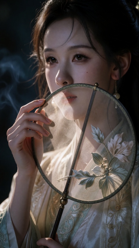 (masterpiece, best quality, ultra-detailed:1.2), (analog film photography, photorealistic, raw film scan:1.3), (chiaroscuro lighting, side lighting:1.3), 1girl, young Chinese woman, pale East Asian skin, (long black hair, partially visible:1.1), (dark brown eyes:1.1), faint beauty mark, natural bare skin, minimal makeup, (slightly parted lips:1.2), moist lips, calm melancholic expression, looking directly at viewer, (holding round Chinese silk fan (tuanshan) up to face with right hand:1.3), translucent silk fan covering lower face from nose down, fingers gently gripping fan handle, embroidered silk fabric with subtle floral pattern, fan fabric draping across chest, (white silk pibo shawl:1.2), (dark moody background:1.2), deep blue-black, subtle haze on left, (warm hard side light from left:1.3), light illuminating right side of face and fan, deep shadows on left, silk fan translucency where light passes through, (shot on Pentax 67, 105mm f/2.4 lens:1.2), (Kodak Portra 800 film:1.3), pushed one stop, heavy film grain, warm orange-brown color grade, crushed blacks, subtle blue shadow tint, natural skin texture, visible pores, silk fabric texture detail, (extreme close-up face and hand:1.1), vertical composition, fine art portrait photography, classical Chinese beauty atmosphere, intimate and mysterious mood