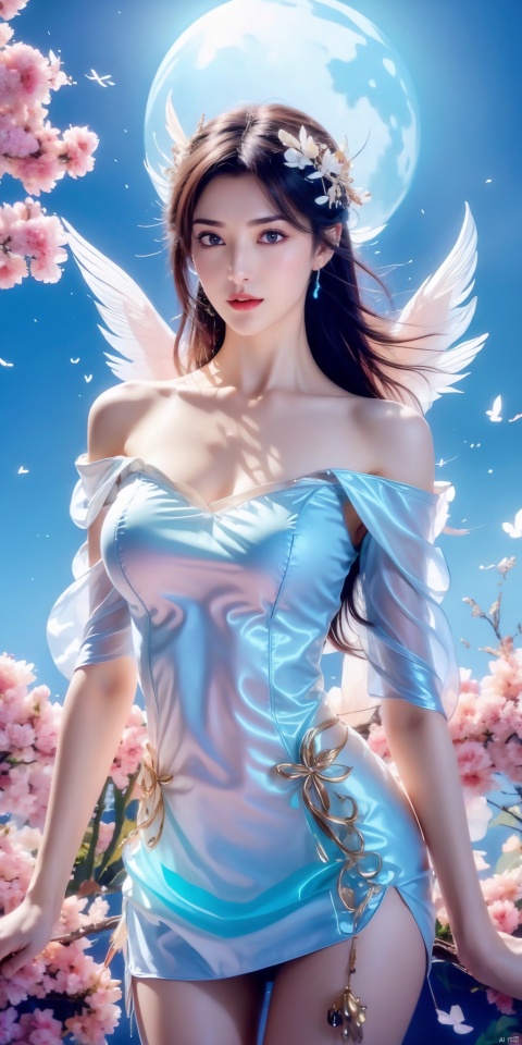  1girl, feathers, dove, bird, feather_hair_ornament, solo, white_feathers, hair_ornament, cherry_blossoms, jewelry, dress, head_wings, breasts, moon, feathered_wings, long_hair, white_wings, blue_eyes, flower, lips, day, medium_breasts, off_shoulder, bare_shoulders, angel_wings