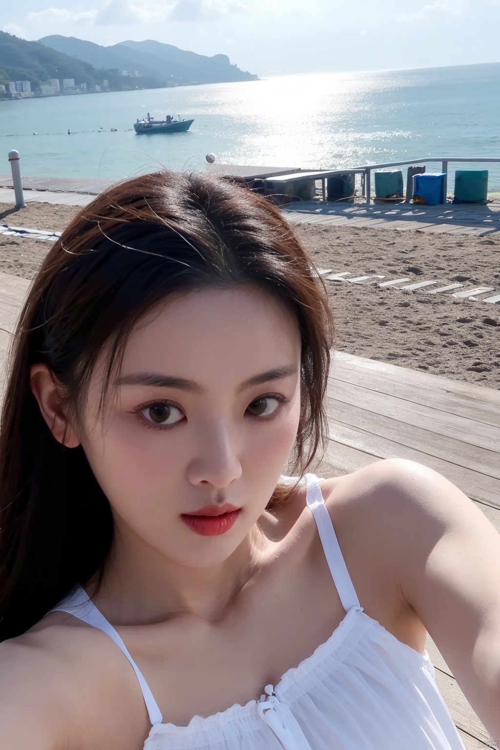  1girl,selfie, sea, wind, messy hair, sunshine, beach, (aesthetics and atmosphere:1.2), xiaolu, zhoudongyu,qiangshen,梨涡彤彤, zuo, liuyife, chaoyue