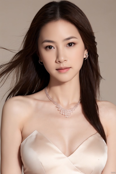1girl, solo, long hair, breasts, looking at viewer, simple background, brown hair, cleavage, bare shoulders, brown eyes, jewelry, medium breasts, closed mouth, collarbone, upper body, earrings, grey background, necklace, lips, realistic, nose