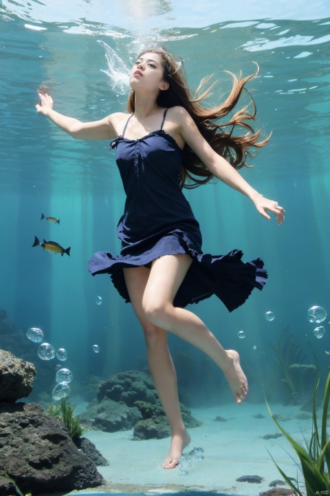  (masterpiece), (best quality), illustration, ultra detailed, hdr, Depth of field, (colorful), loli, wide shot,(solo:1.3),dramatic angle,(underwater:1.2),masterpiece,best quality,intricate detail,1girl,swimming,loli,(long hair:1.2),solo,expressionless,blue eyes,looking_up,shoulder strap dress,floating hair,floating clothes,god rays,bubble,barefoot,(full body:1.2),outstretched arm, ,perfect hands,Sea fish, colorful fish,water and grass,, xt