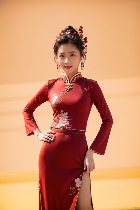  1girl, solo, smile, skirt, simple background, black hair, jewelry, earrings, chinese clothes, red background, hands on hips, realistic, yanba, quanzhen, tongtong, chenchen, jiaxin