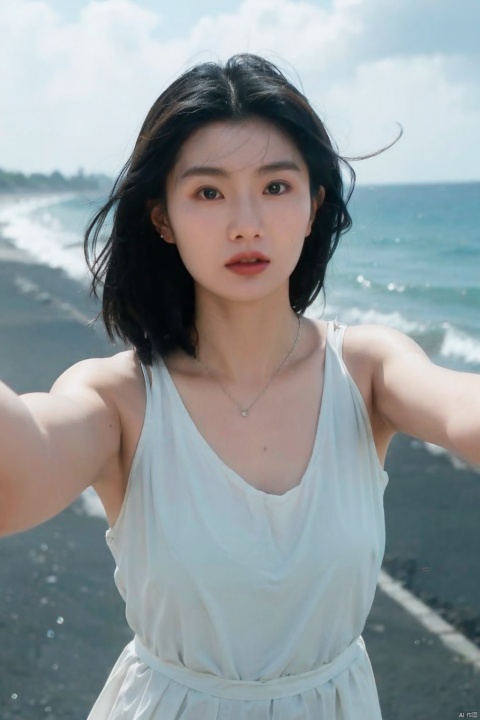  1girl,selfie, sea, wind, messy hair, sunshine, beach, (aesthetics and atmosphere:1.2),