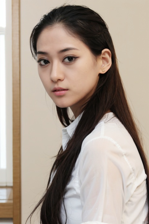  1girl, solo, long hair, looking at viewer, shirt, black hair, closed mouth, white shirt, upper body, indoors, black eyes, lips, window, watermark, realistic, nose