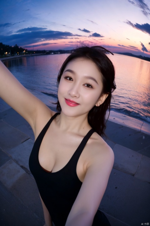 1girl, fisheye, selfie, sea, wind, messy hair, sunset, beach, (aesthetics and atmosphere:1.2), black tank top, medium_breasts, light smile