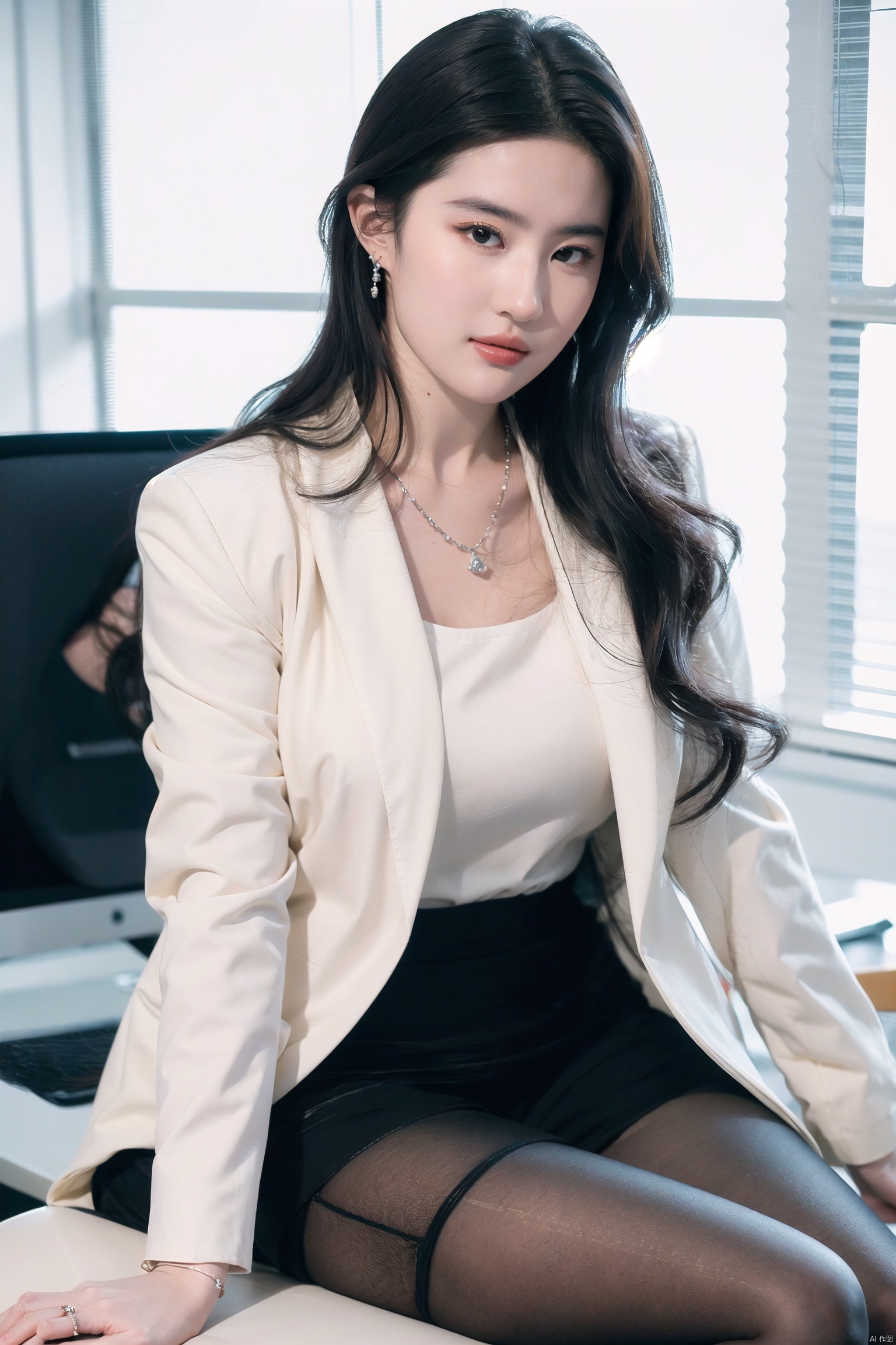 (upper body:1.3), liuyifei,flowers,masterpiece, best quality, ultra-detailed, ultra high res,8k, (photorealistic:1.2), RAW photo, extremely detailed, 1 girl, (18_years_old),(172cm tall), (((elegant))), (round face:1.3), (long hair), black hair, curly hair, seductive smile, beautiful detailed eyes, beautiful detailed face,(white shirt),suit jacketlexious,necklace,diamond ring,bracelets,earrings, large breasts, slender waist, long legs,thick legs,plump,strong abs,(high heels:1.3),(pantyhose:1.3),(in the office),sitting on a chair,cross legs,lighting on face, bright back lighting,