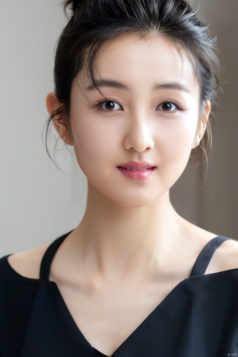  (close up portrait of a woman of east asian descent),happy and smile expression, Cleavage, low cut shirt,looking at camera, slight stubble, dark hair with undercut hairstyle, clean skin, brown eyes, wearing dark shirt, soft lighting, gray background, shallow depth of field, high-resolution image, studio shot, headshot, photographic realism., masterpiece, best quality, aunt, 1girl, girl