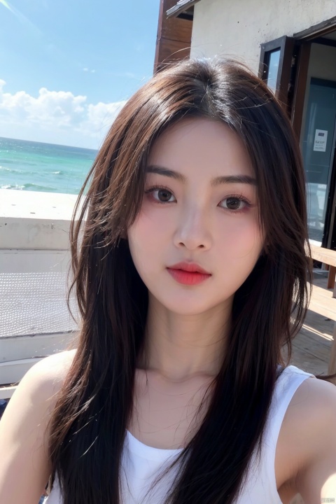  1girl,selfie, sea, wind, messy hair, sunshine, beach, (aesthetics and atmosphere:1.2), xiaolu, zhoudongyu,qiangshen,梨涡彤彤, zuo, liuyife, chaoyue