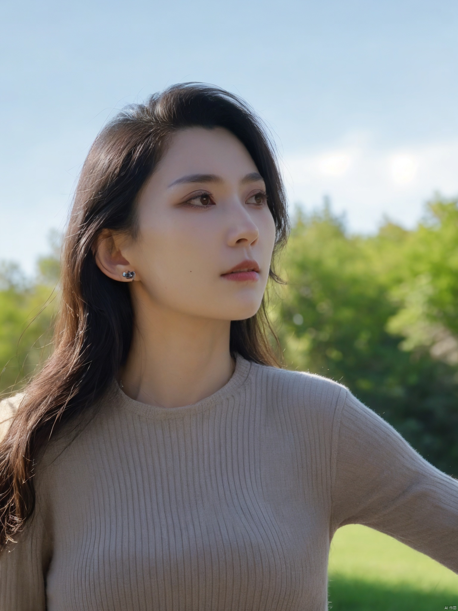 1girl, solo, long hair, black hair, jewelry, upper body, earrings, outdoors, sky, day, mole, lips, looking to the side, looking away, realistic, nose