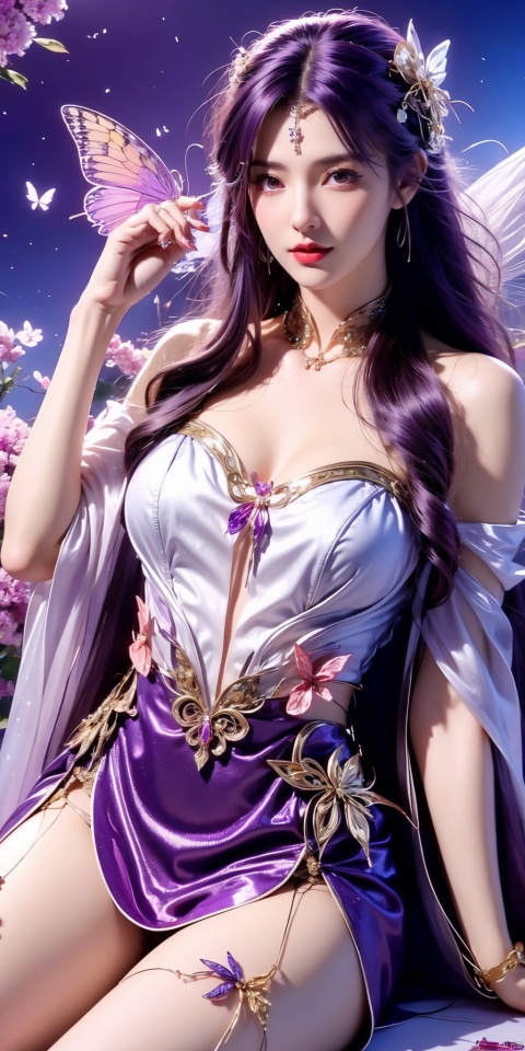 1girl, butterfly, long_hair, bug, solo, jewelry, purple_hair, breasts, dress, lipstick, red_lips, very_long_hair