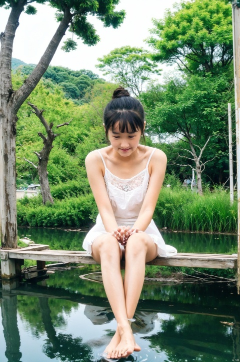  1girl, solo, sitting by the lake, playing water with feet, patting water, water reflection, ripples, flowers, trees, grass, sunny, delicate lighting, tianxiu,moyou, tongtong