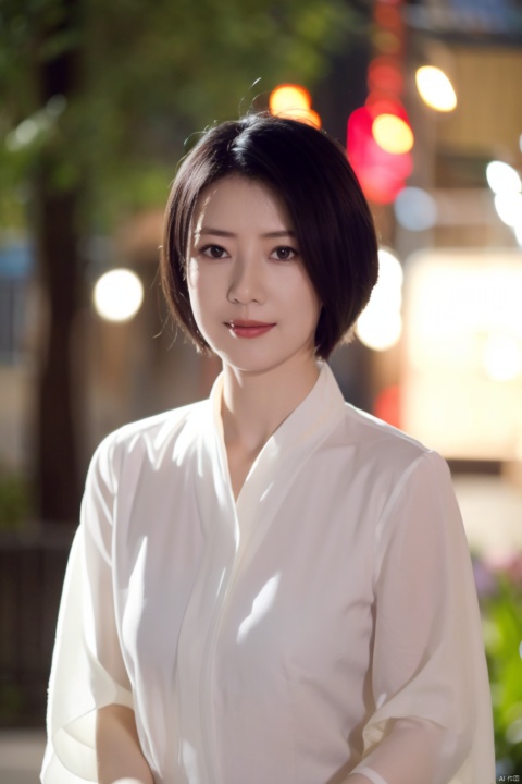 blurry, blurry_foreground, depth_of_field, blurry_background, motion_blur, hair_over_one_eye, shirt, photo_\(medium\), 1girl, white_shirt, solo, flower, bokeh, short_hair, black_hair, hanfu