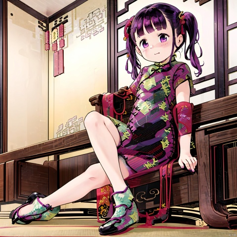  masterpiece, best quality, 1girl, loli,Cocoa,solo, long hair, black hair,bow, twintails, purple eyes, purple hair, hair bow, full body, Indoor, (cheongsam:2), Chinese New Year, tongtong